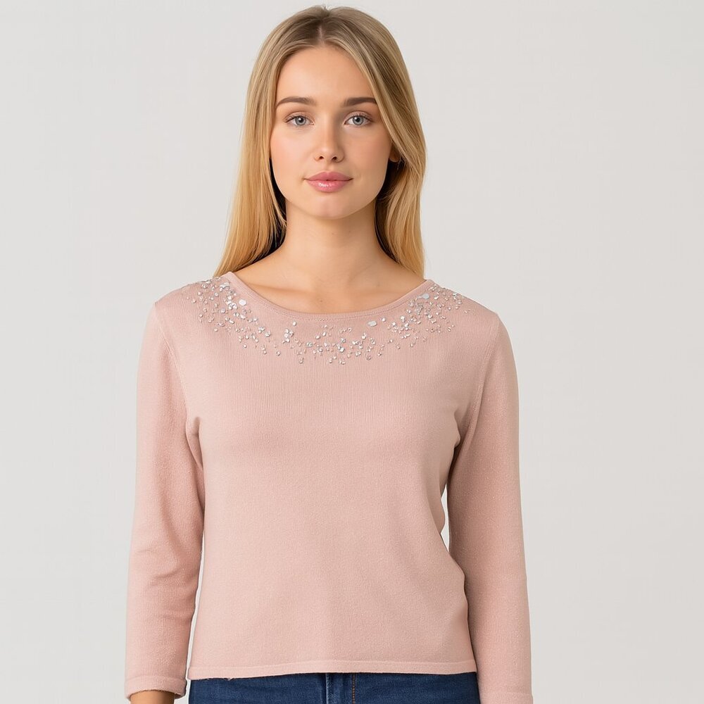 Ruby Rd Metallic Pale Pink Embellished Sweater Top | Size L